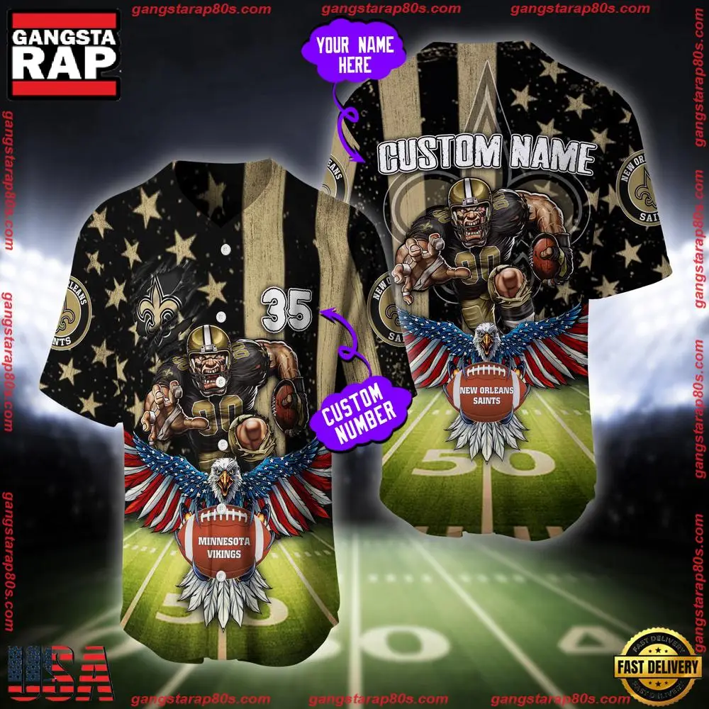 NFL Custom Name And Number New Orleans Saints Mascot US Flag Baseball Jersey Shirt