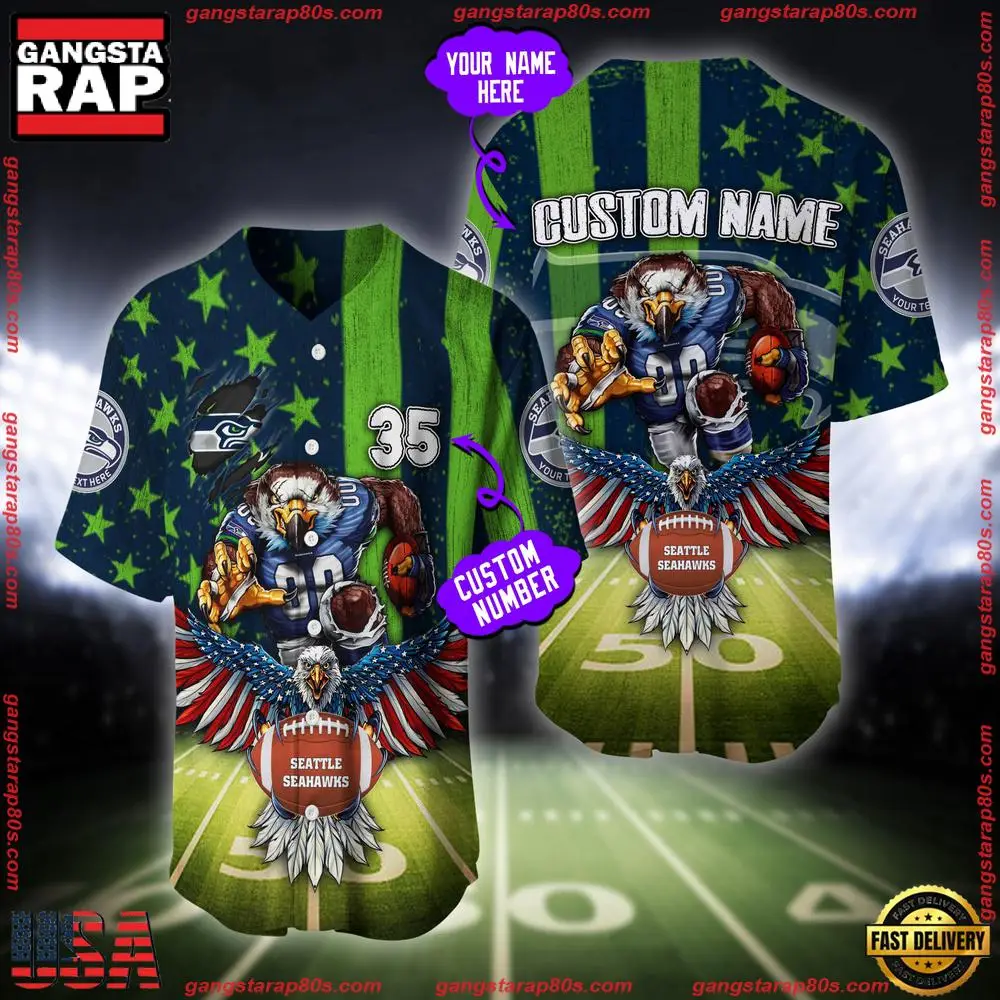 NFL Custom Name And Number Seattle Seahawks Mascot US Flag Baseball Jersey Shirt