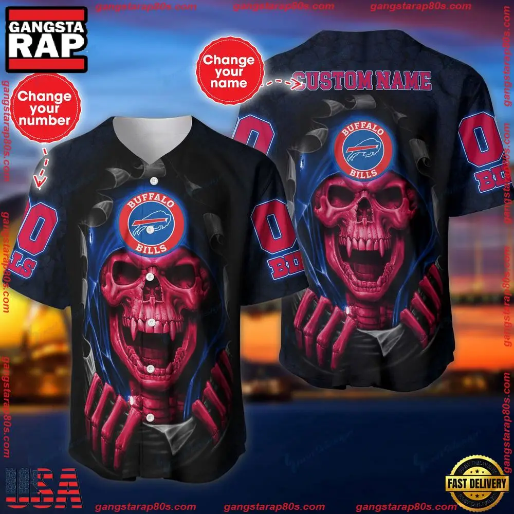 NFL Custom Name And Number Team Buffalo Bills Skull Pattern Baseball Jersey Shirt