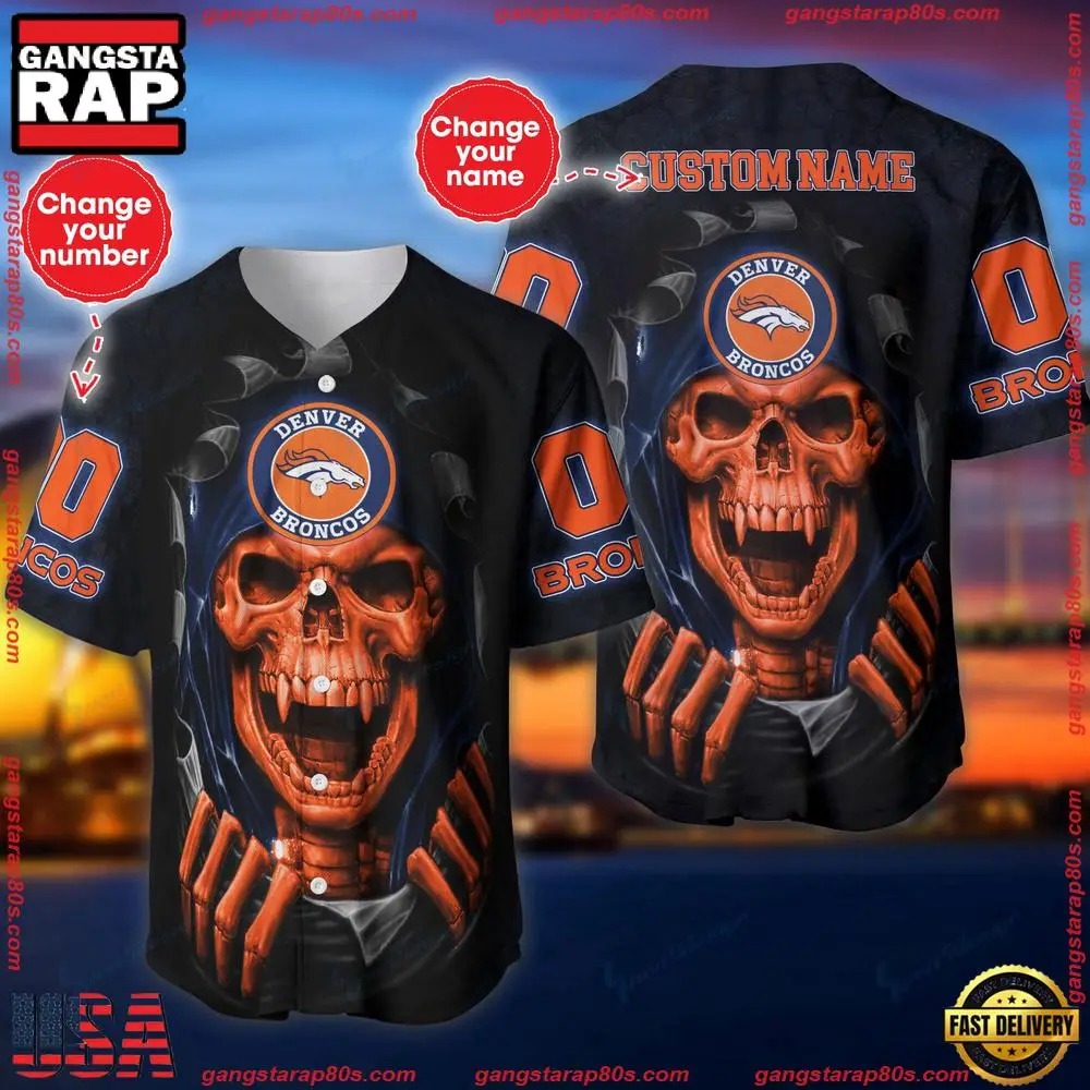 NFL Custom Name And Number Team Denver Broncos Skull Pattern Baseball Jersey Shirt
