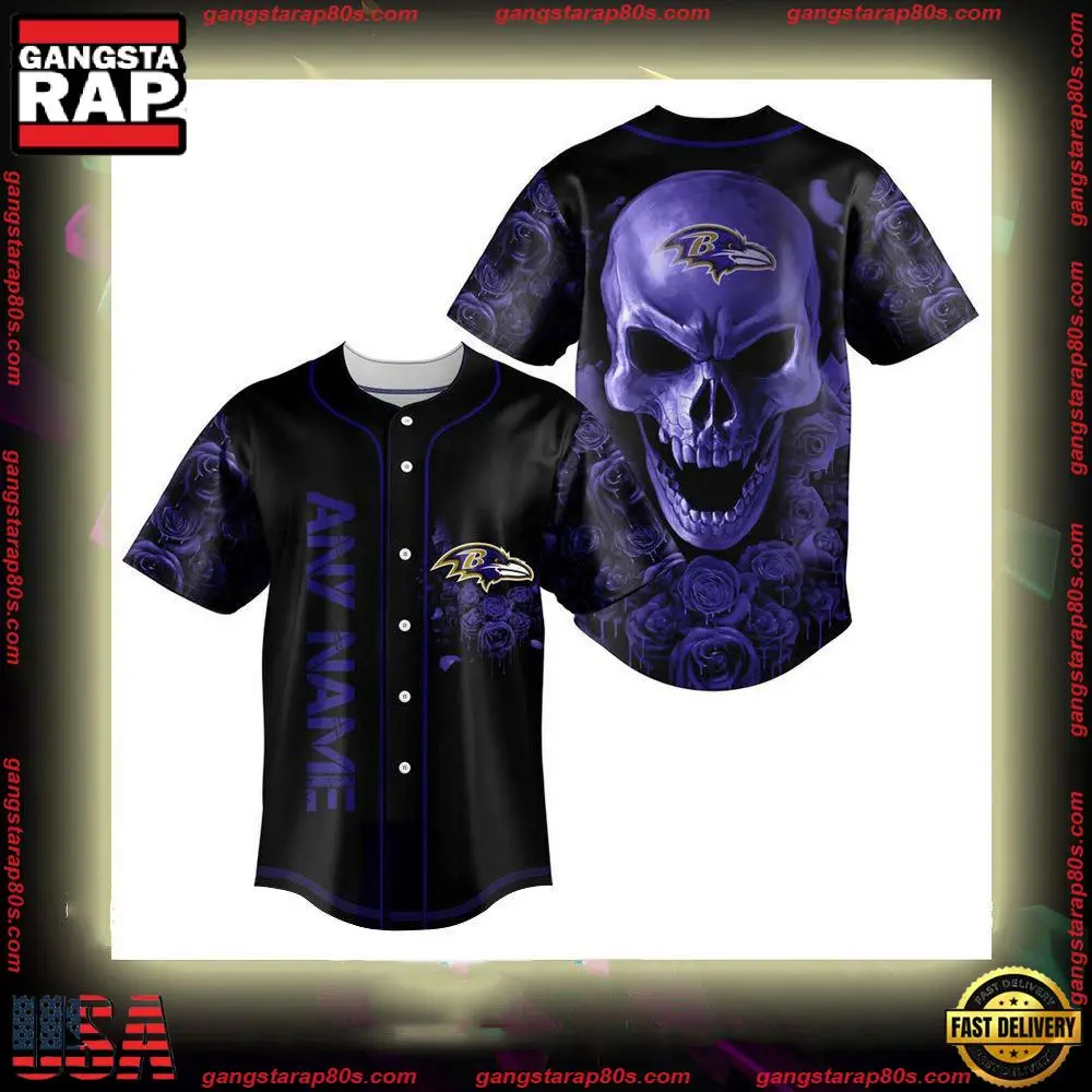 NFL Custom Name Baltimore Ravens Football Skull Baseball Jersey Shirt