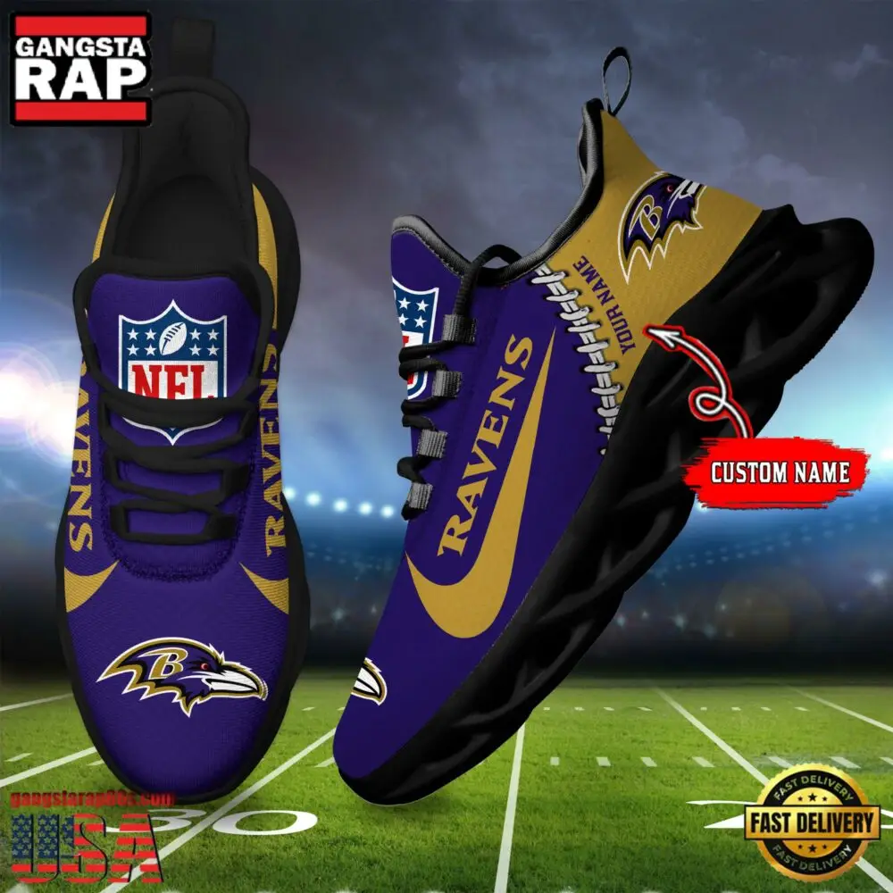NFL Custom Name Baltimore Ravens Football Team Design Max Soul Running Sneakers Shoes NFL Custom Name Baltimore Ravens Football Team Design Max Soul Running Sneakers Shoes - Image 1