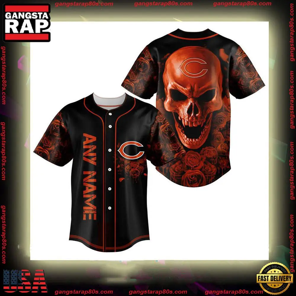 NFL Custom Name Chicago Bears Football Skull Baseball Jersey Shirt