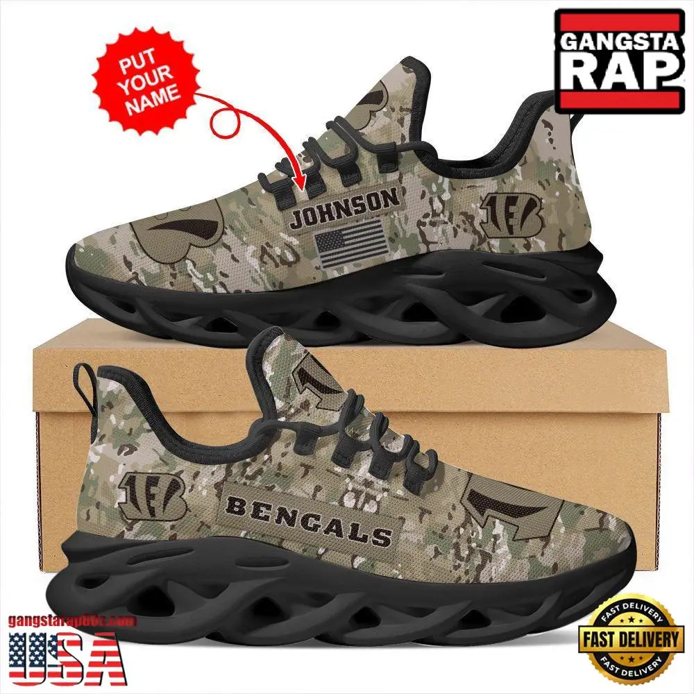 NFL Custom Name Cincinnati Bengals US Army Military Veteran Camouflage Max Soul Shoes Running Sneakers