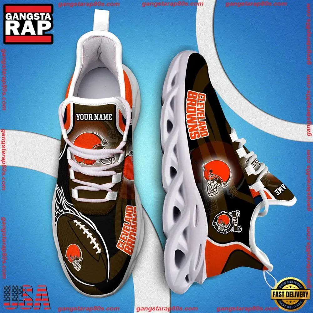 NFL Custom Name Cleveland Browns White C Shoes Max Soul Shoes Running Sneakers NFL Custom Name Cleveland Browns White C Shoes Max Soul Shoes Running Sneakers - Image 1
