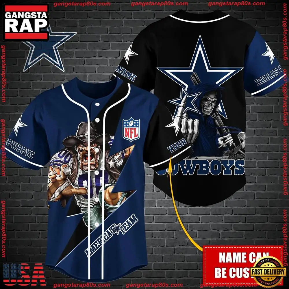 NFL Custom Name Dallas Cowboys Mascot And Skull New Design Baseball Jersey