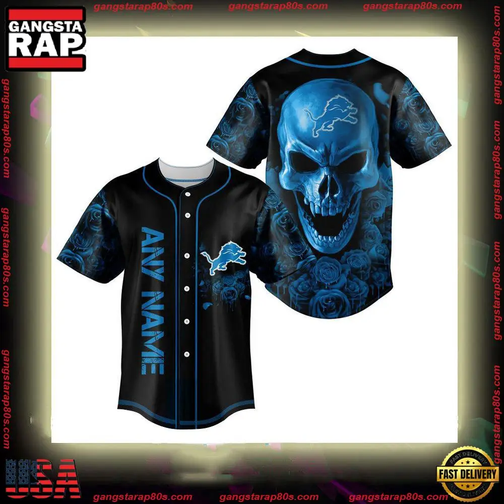 NFL Custom Name Detroit Lions Football Skull Baseball Jersey Shirt
