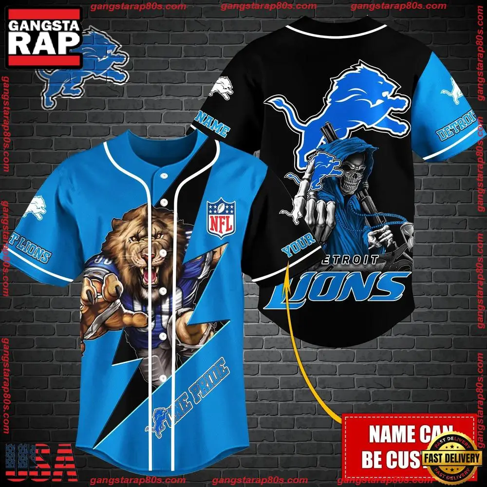 NFL Custom Name Detroit Lions Mascot And Skull New Design Baseball Jersey NFL Custom Name Detroit Lions Mascot And Skull New Design Baseball Jersey - Image 1