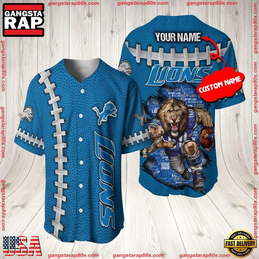 NFL Custom Name Detroit Lions Mascot Baseball Jersey Shirt NFL Custom Name Detroit Lions Mascot Baseball Jersey Shirt - Image 1