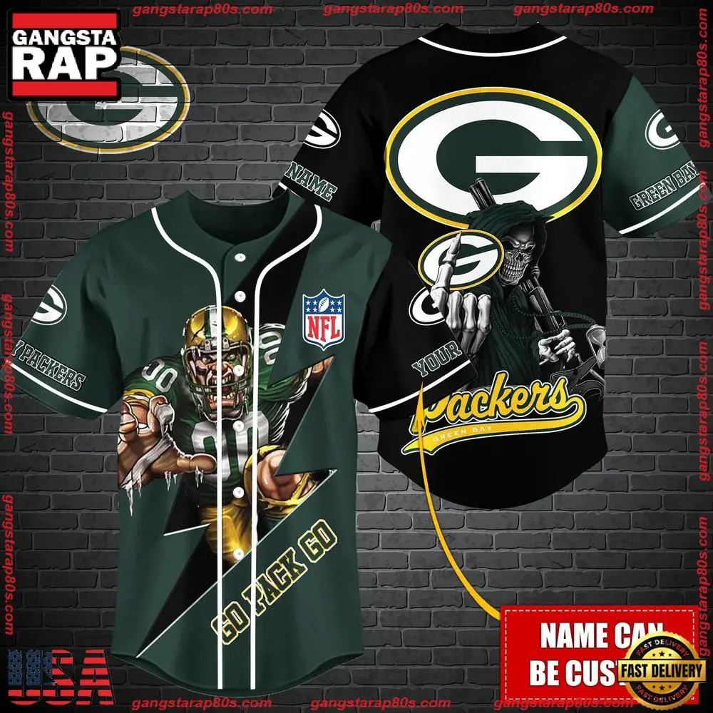NFL Custom Name Green Bay Packers Mascot And Skull New Design Baseball Jersey