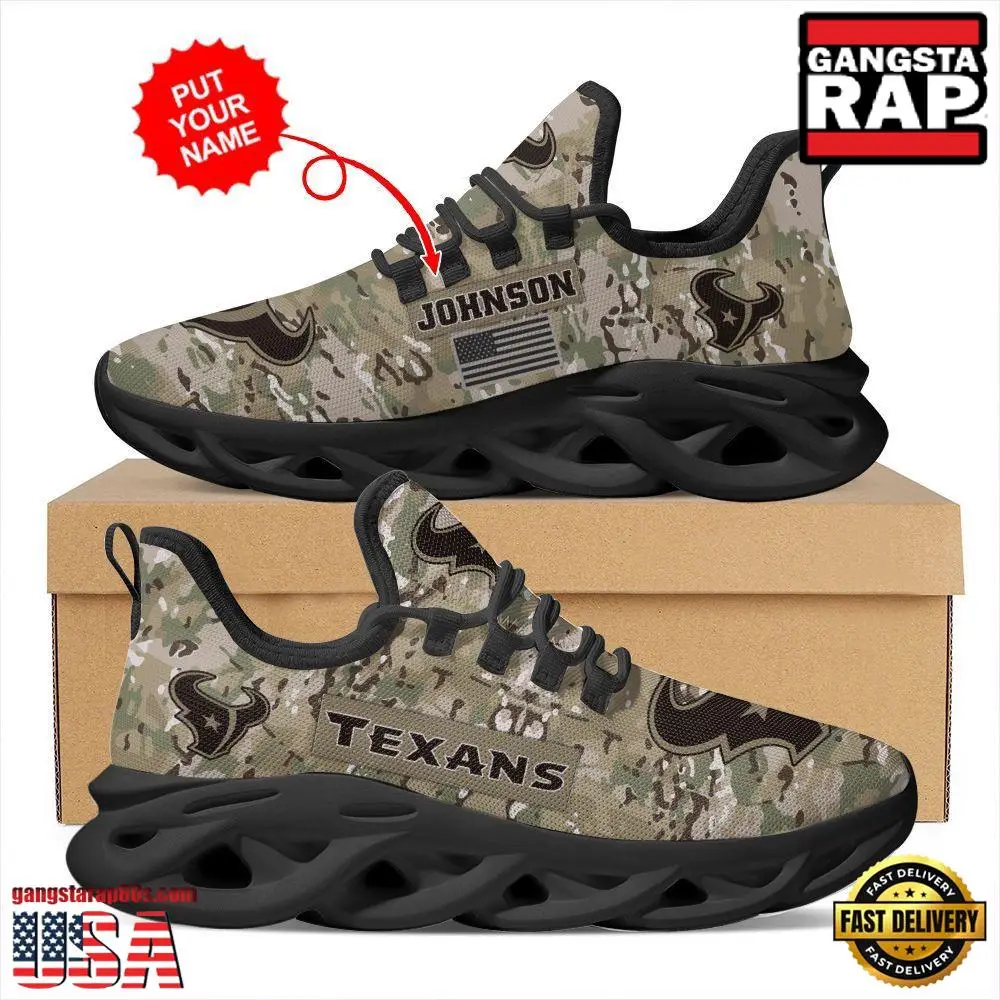 NFL Custom Name Houston Texans US Army Military Veteran Camouflage Max Soul Shoes Running Sneakers