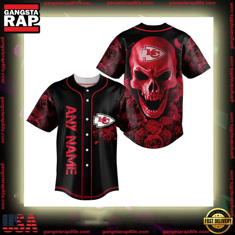 NFL Custom Name Kansas City Chiefs Football Skull Baseball Jersey Shirt