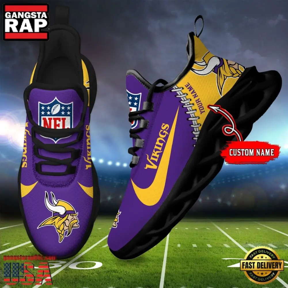 NFL Custom Name Minnesota Vikings Football Team Design Max Soul Running Sneakers Shoes NFL Custom Name Minnesota Vikings Football Team Design Max Soul Running Sneakers Shoes - Image 1