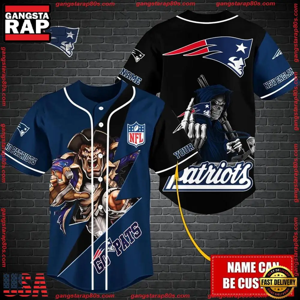 NFL Custom Name New England Patriots Mascot And Skull New Design Baseball Jersey