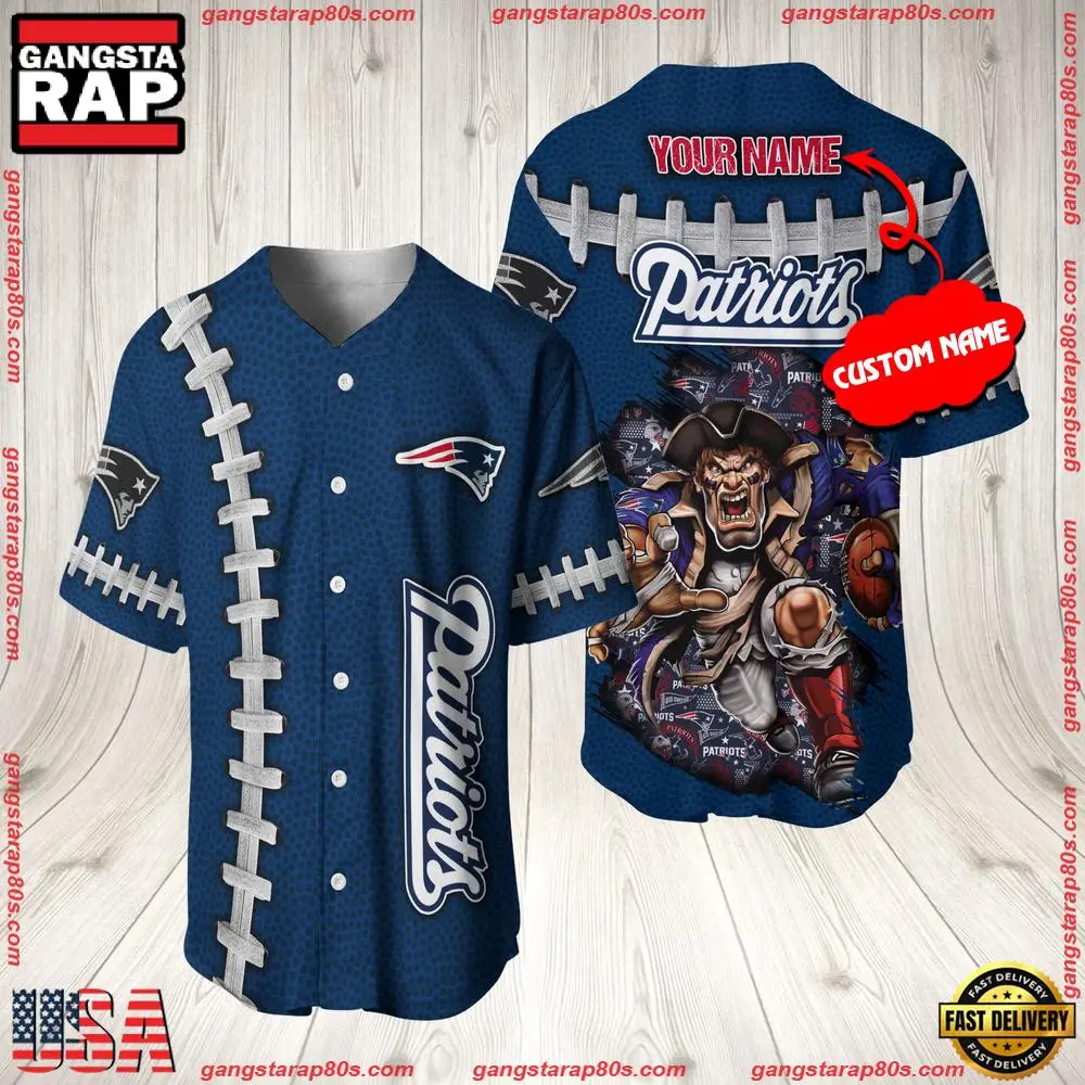 NFL Custom Name New England Patriots Mascot Baseball Jersey Shirt