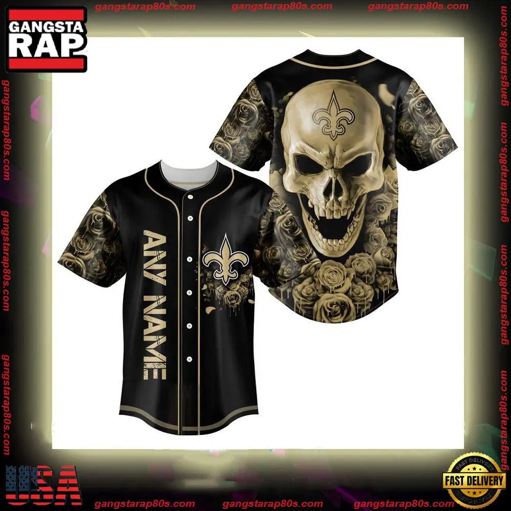NFL Custom Name New Orleans Saints Football Skull Baseball Jersey Shirt