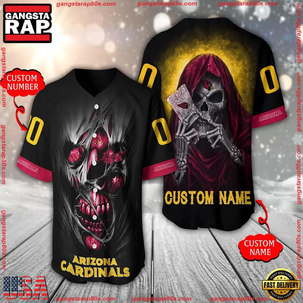 NFL Custom Name Number Arizona Cardinals Team Skull Death Baseball Jersey Shirt