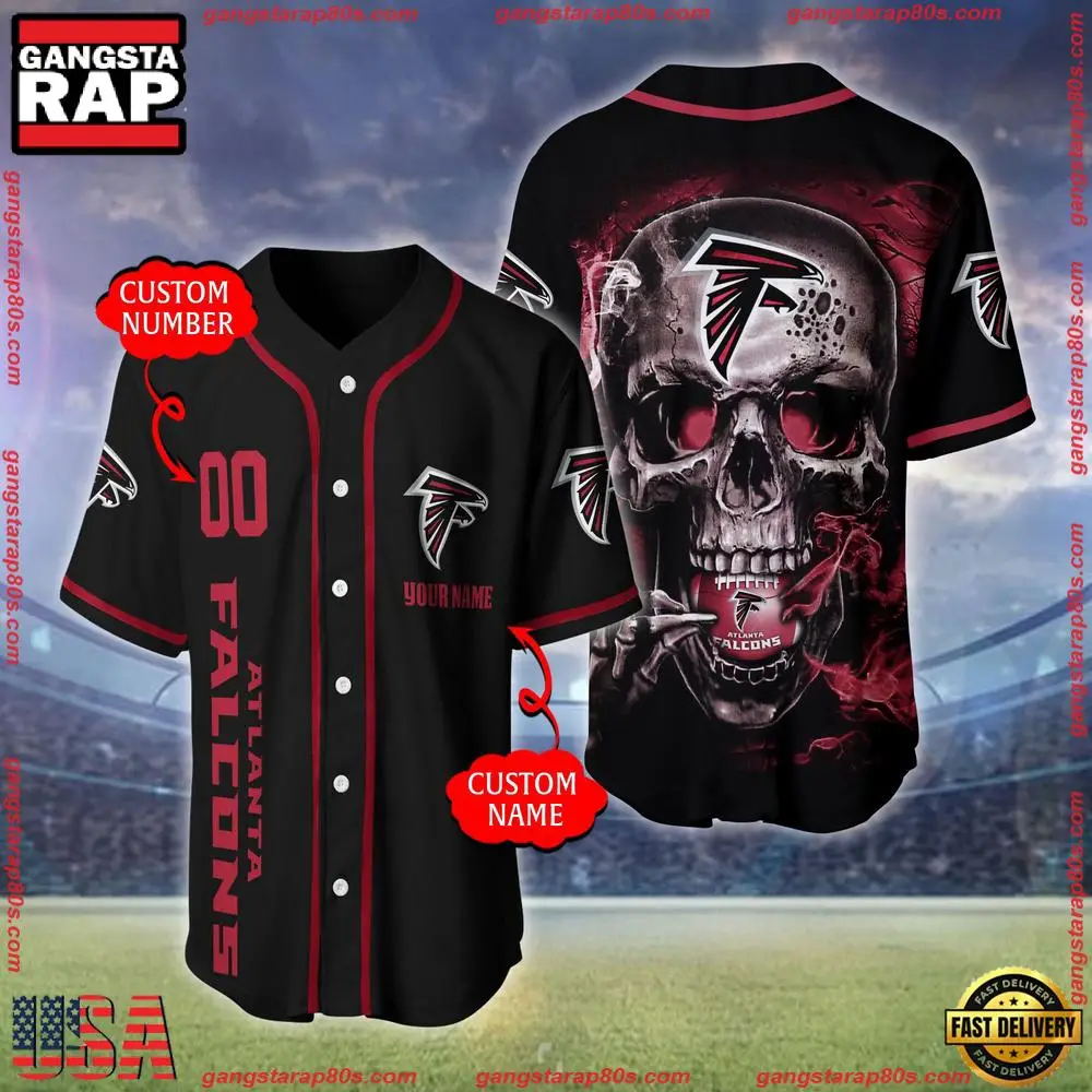 NFL Custom Name Number Atlanta Falcons Skull Face Baseball Jersey Shirt NFL Custom Name Number Atlanta Falcons Skull Face Baseball Jersey Shirt - Image 1