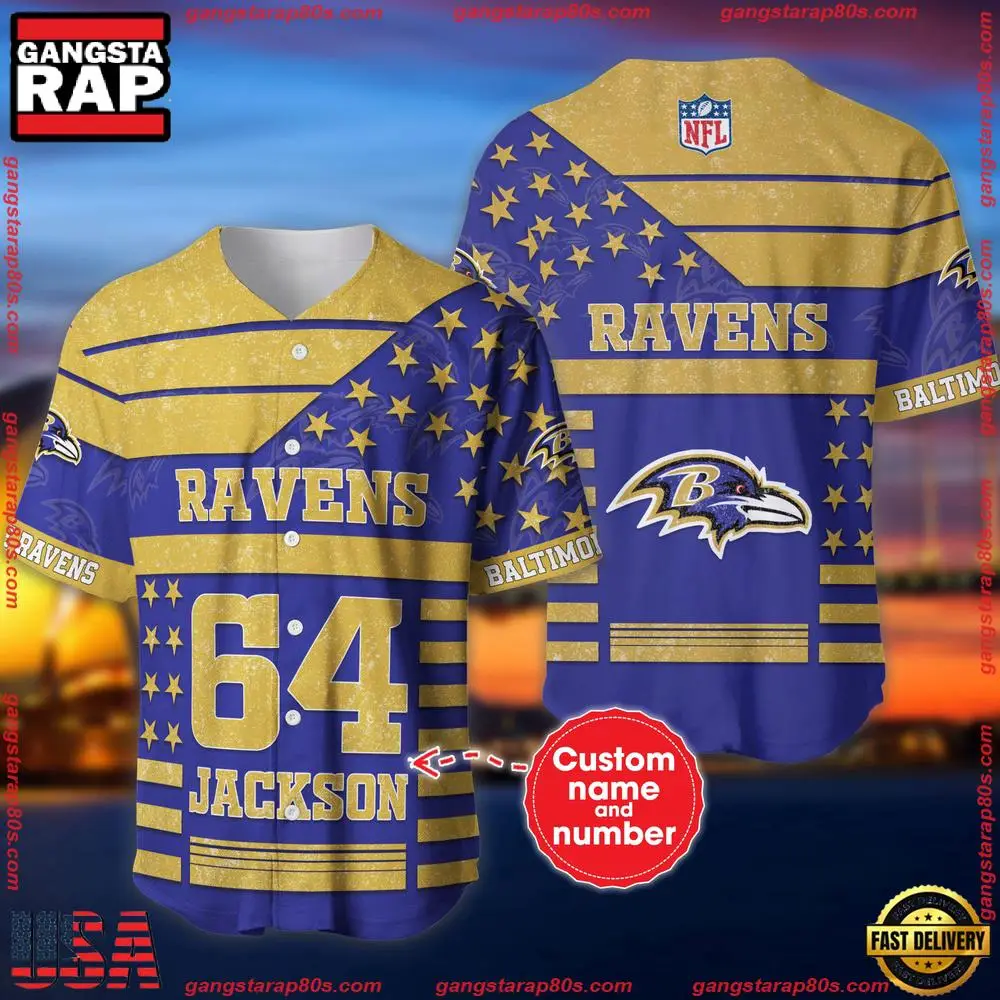 NFL Custom Name Number Baltimore Ravens American Flag New Design Baseball Jersey Shirt