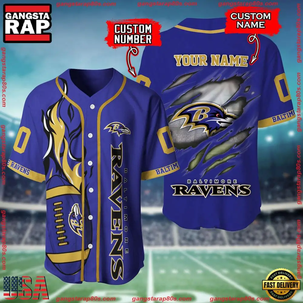 NFL Custom Name Number Baltimore Ravens Football Team Baseball Jersey Shirt NFL Custom Name Number Baltimore Ravens Football Team Baseball Jersey Shirt - Image 1