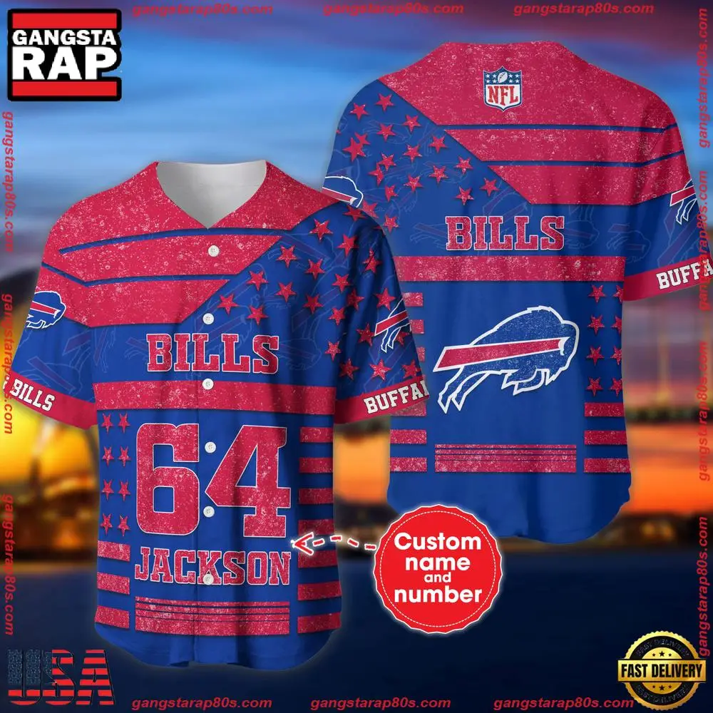 NFL Custom Name Number Buffalo Bills American Flag New Design Baseball Jersey Shirt