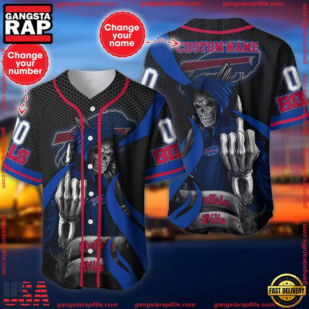 NFL Custom Name Number Buffalo Bills Skull Death Baseball Jersey Shirt NFL Custom Name Number Buffalo Bills Skull Death Baseball Jersey Shirt - Image 1