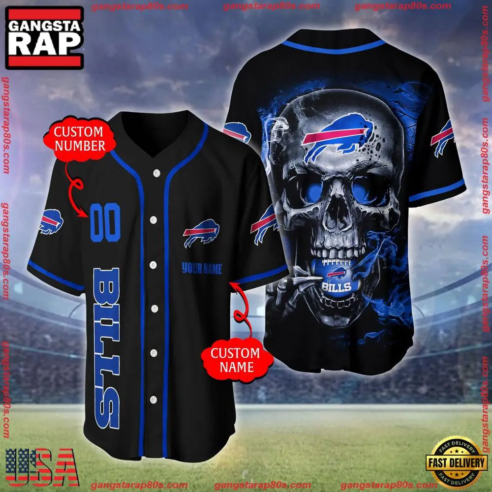 NFL Custom Name Number Buffalo Bills Skull Face Baseball Jersey Shirt NFL Custom Name Number Buffalo Bills Skull Face Baseball Jersey Shirt - Image 1