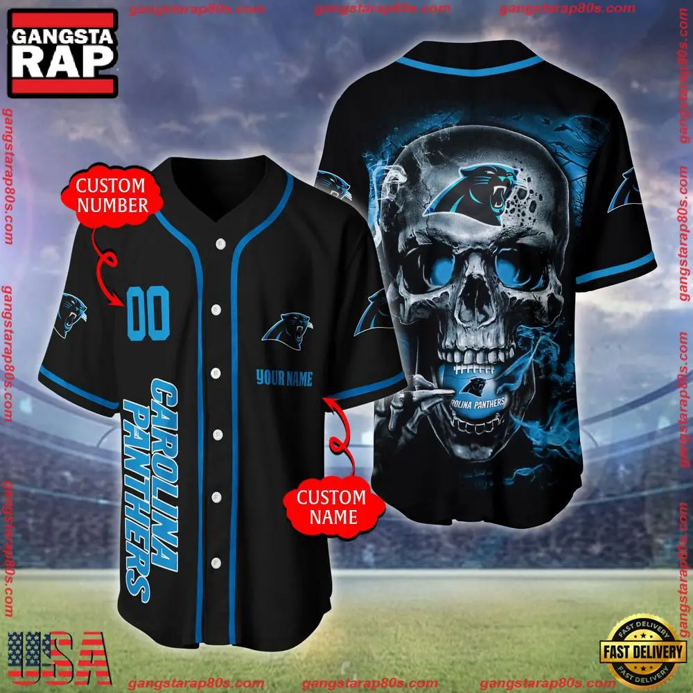 NFL Custom Name Number Carolina Panthers Skull Face Baseball Jersey Shirt