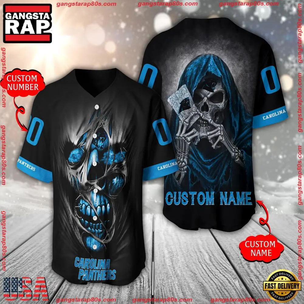 NFL Custom Name Number Carolina Panthers Team Skull Death Baseball Jersey Shirt NFL Custom Name Number Carolina Panthers Team Skull Death Baseball Jersey Shirt - Image 1