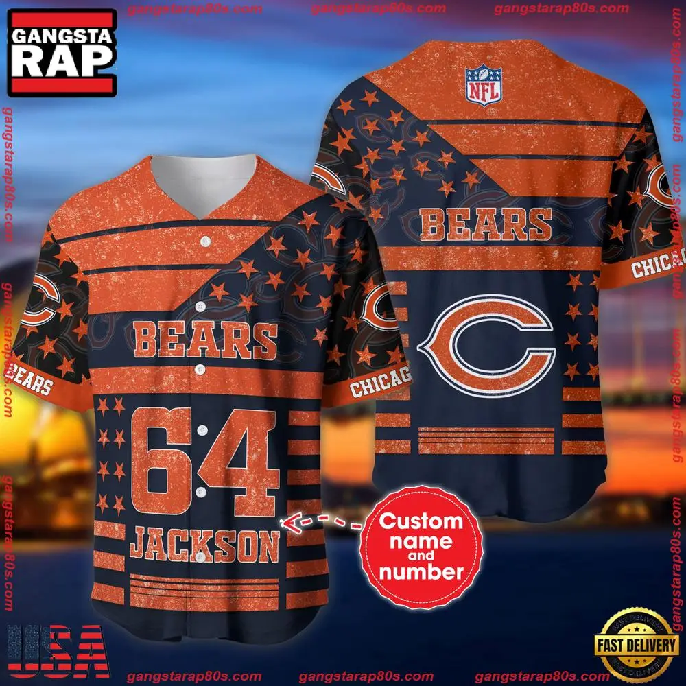 NFL Custom Name Number Chicago Bears American Flag New Design Baseball Jersey Shirt