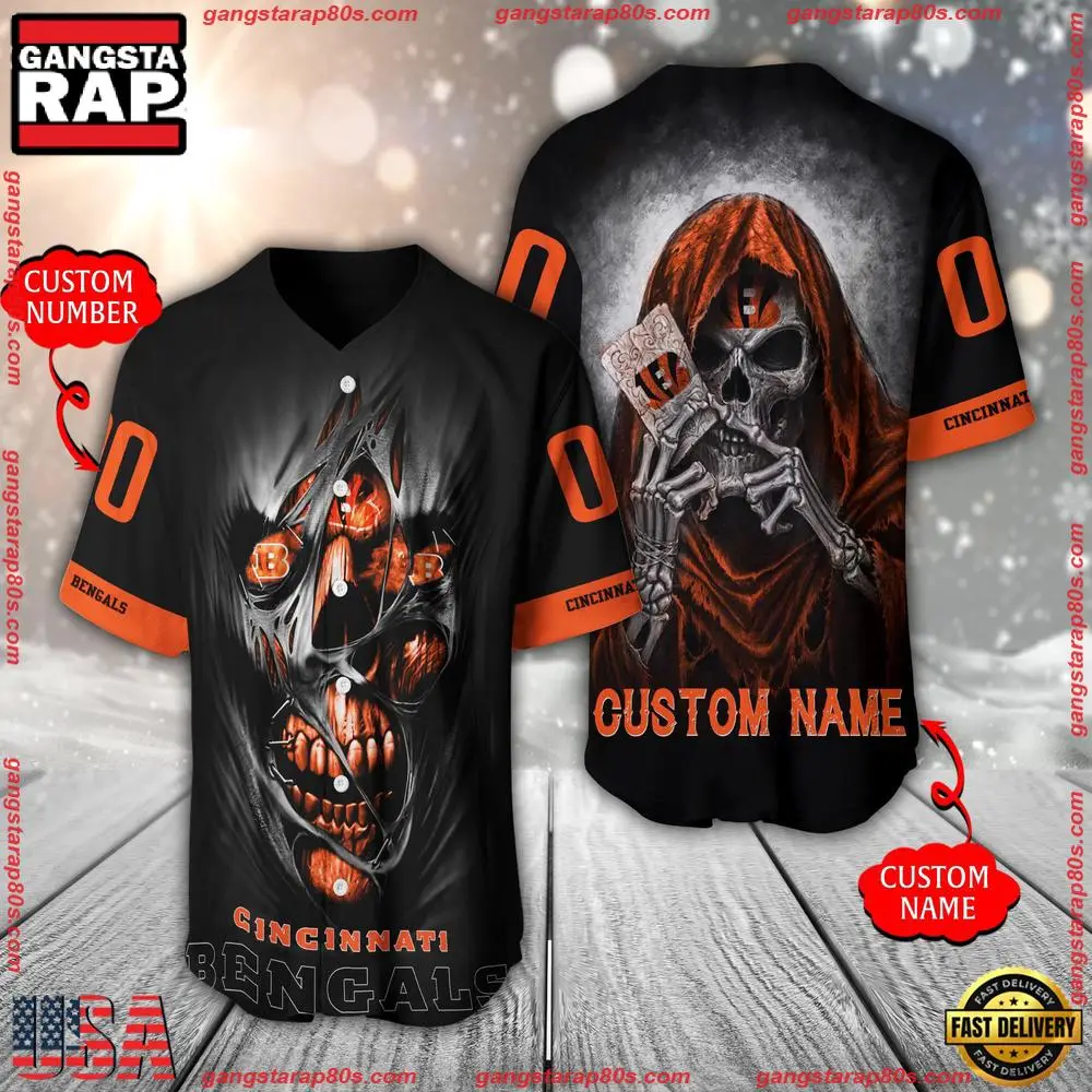 NFL Custom Name Number Cincinnati Bengals Team Skull Death Baseball Jersey Shirt
