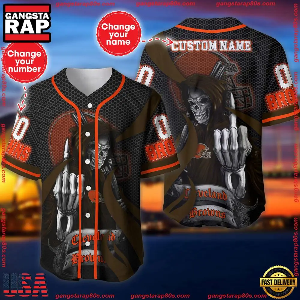 NFL Custom Name Number Cleveland Browns Skull Death Baseball Jersey Shirt