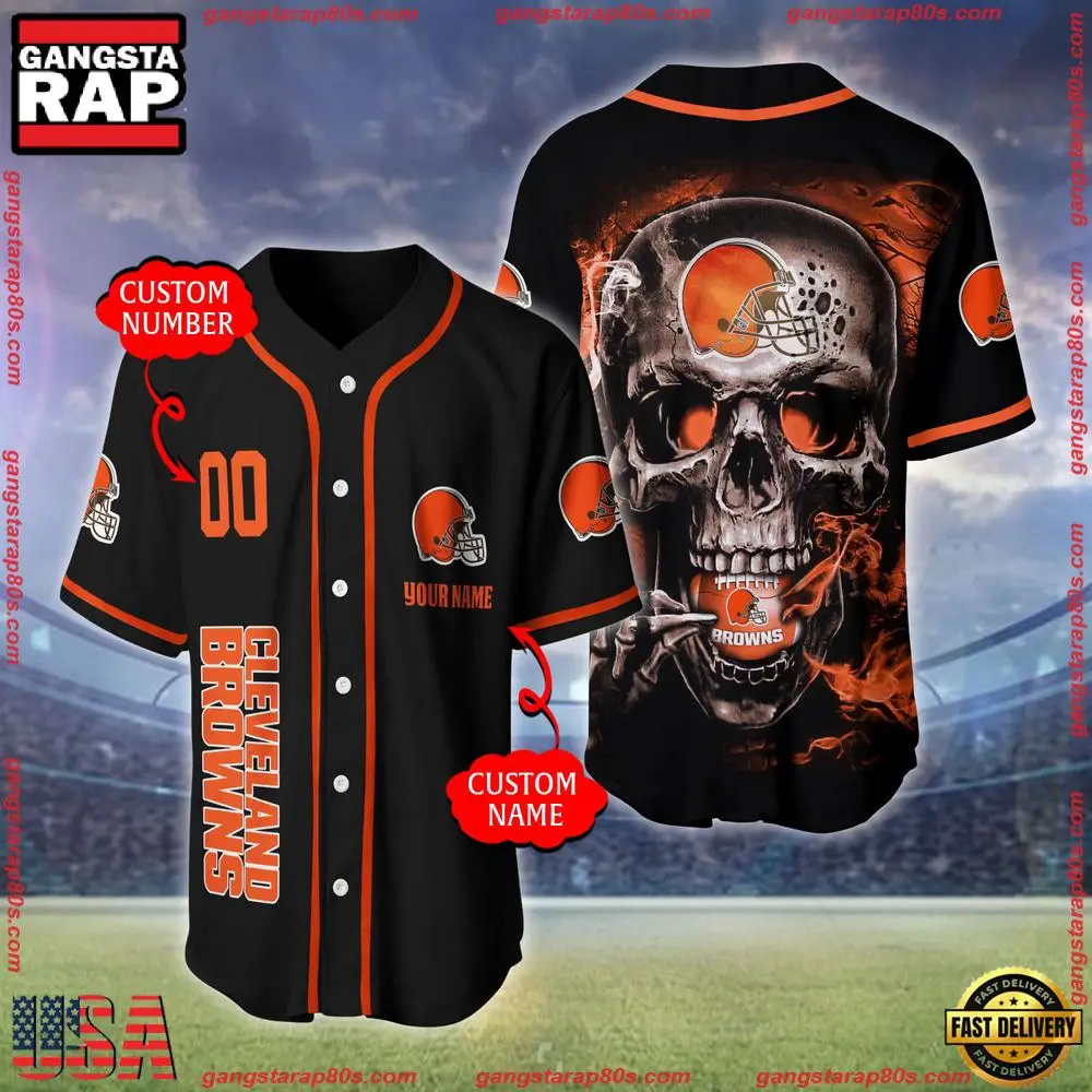 NFL Custom Name Number Cleveland Browns Skull Face Baseball Jersey Shirt
