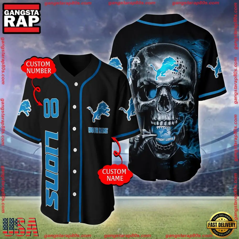 NFL Custom Name Number Detroit Lions Skull Face Baseball Jersey Shirt NFL Custom Name Number Detroit Lions Skull Face Baseball Jersey Shirt - Image 1