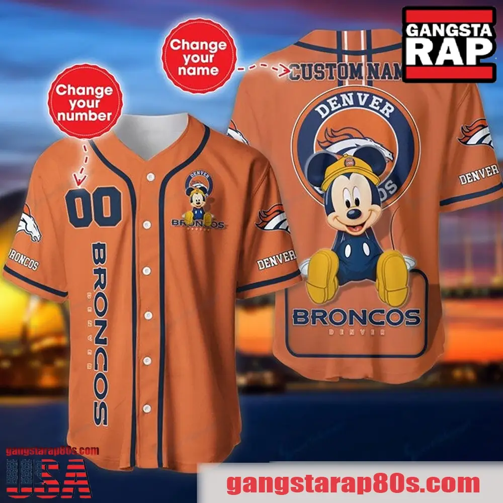 NFL Custom Name Number Disney Mickey Denver Broncos Baseball Jersey Shirt NFL Custom Name Number Disney Mickey Denver Broncos Baseball Jersey Shirt - Image 1