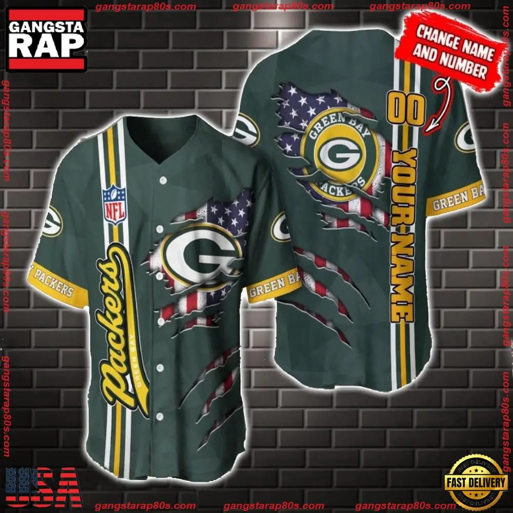 NFL Custom Name Number Green Bay Packers America Flag New Design Baseball Jersey Shirt Gift For Fans