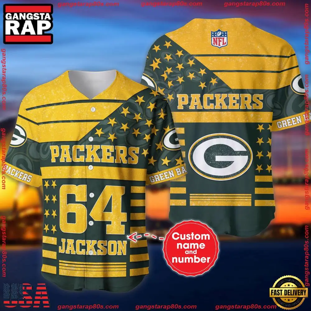 NFL Custom Name Number Green Bay Packers American Flag New Design Baseball Jersey Shirt NFL Custom Name Number Green Bay Packers American Flag New Design Baseball Jersey Shirt - Image 1