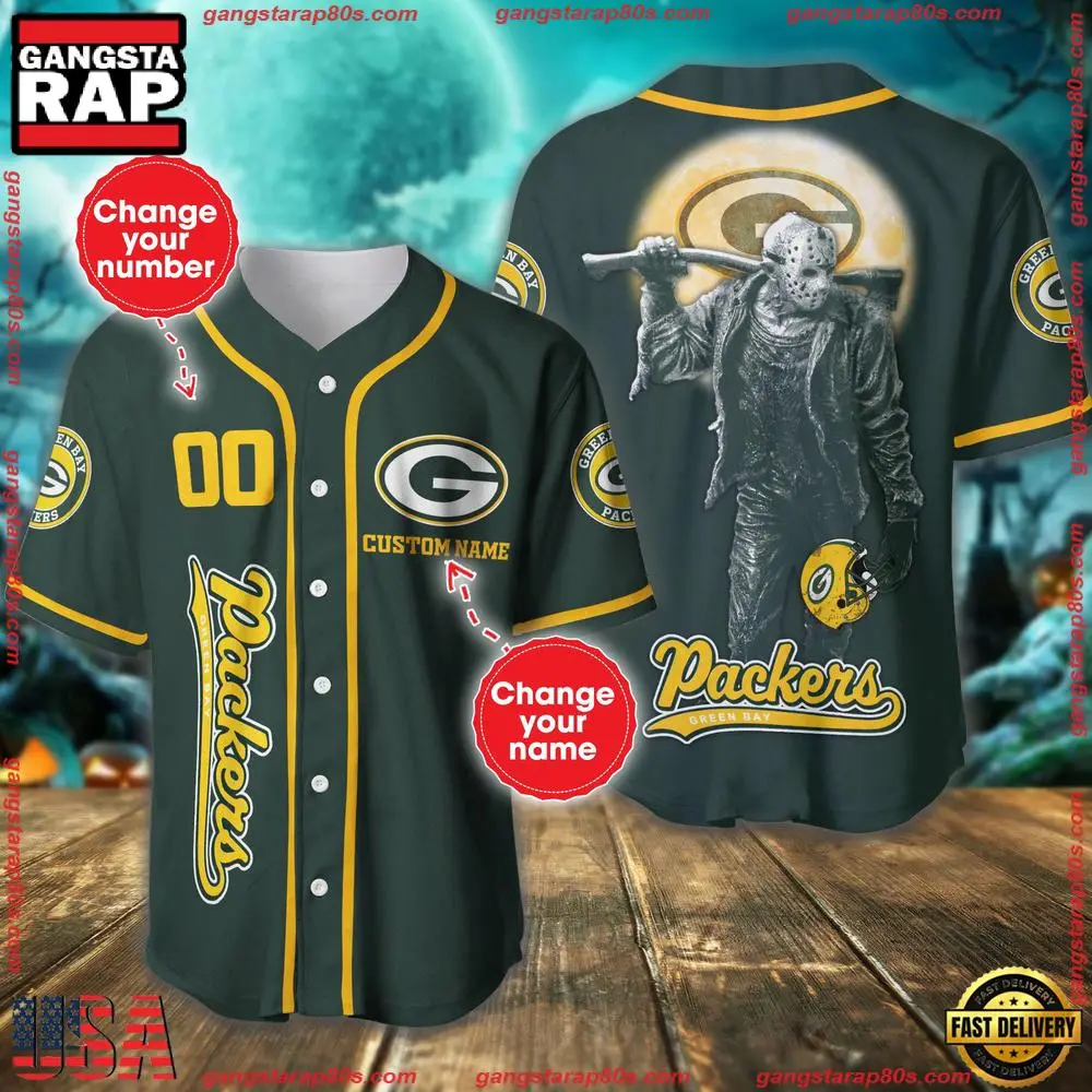 NFL Custom Name Number Green Bay Packers Horror 3D New Design Baseball Jersey Shirt NFL Custom Name Number Green Bay Packers Horror 3D New Design Baseball Jersey Shirt - Image 1