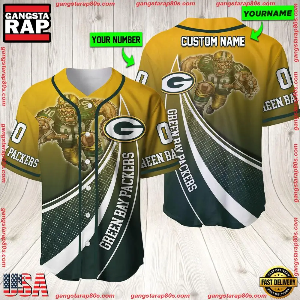 NFL Custom Name Number Green Bay Packers Mascot Football New Design Baseball Jersey Shirt