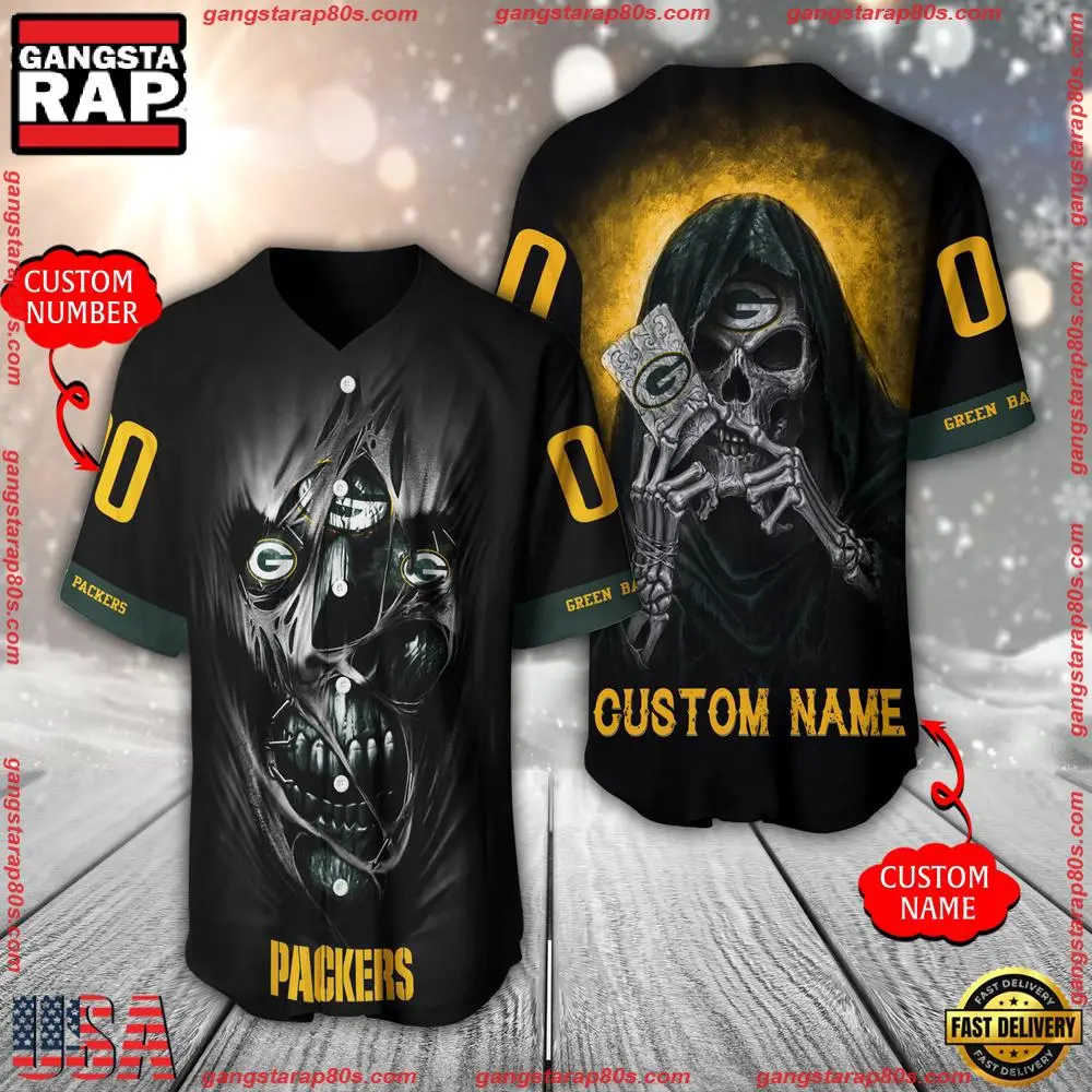 NFL Custom Name Number Green Bay Packers Team Skull Death Baseball Jersey Shirt