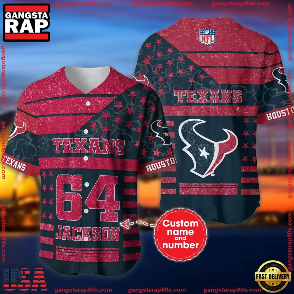 NFL Custom Name Number Houston Texans American Flag New Design Baseball Jersey Shirt NFL Custom Name Number Houston Texans American Flag New Design Baseball Jersey Shirt - Image 1