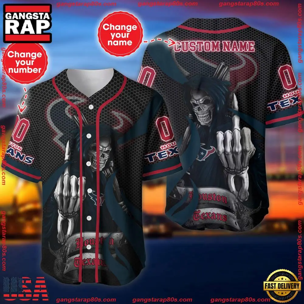 NFL Custom Name Number Houston Texans Skull Death Baseball Jersey Shirt