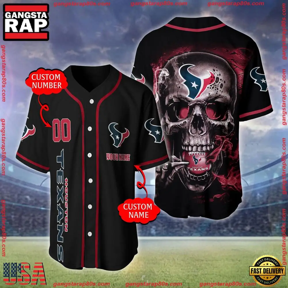 NFL Custom Name Number Houston Texans Skull Face Baseball Jersey Shirt