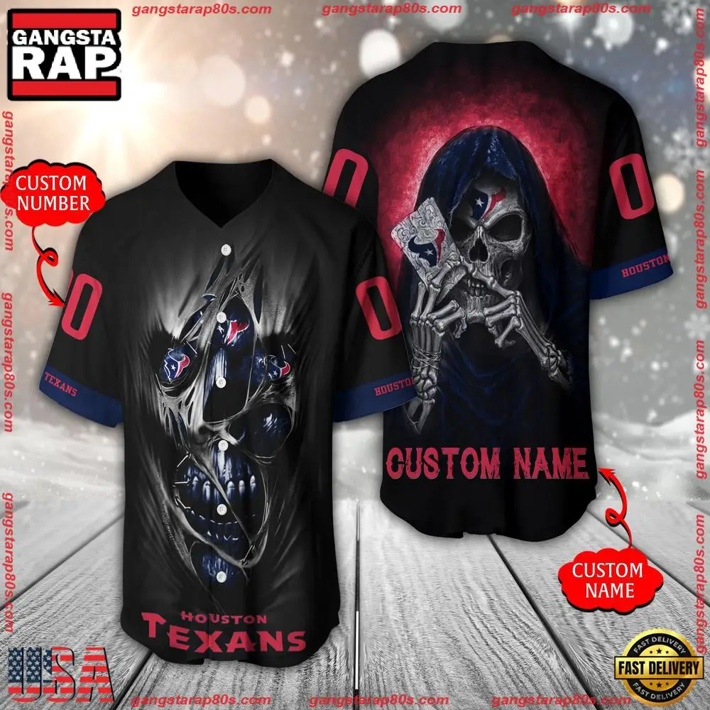 NFL Custom Name Number Houston Texans Team Skull Death Baseball Jersey Shirt