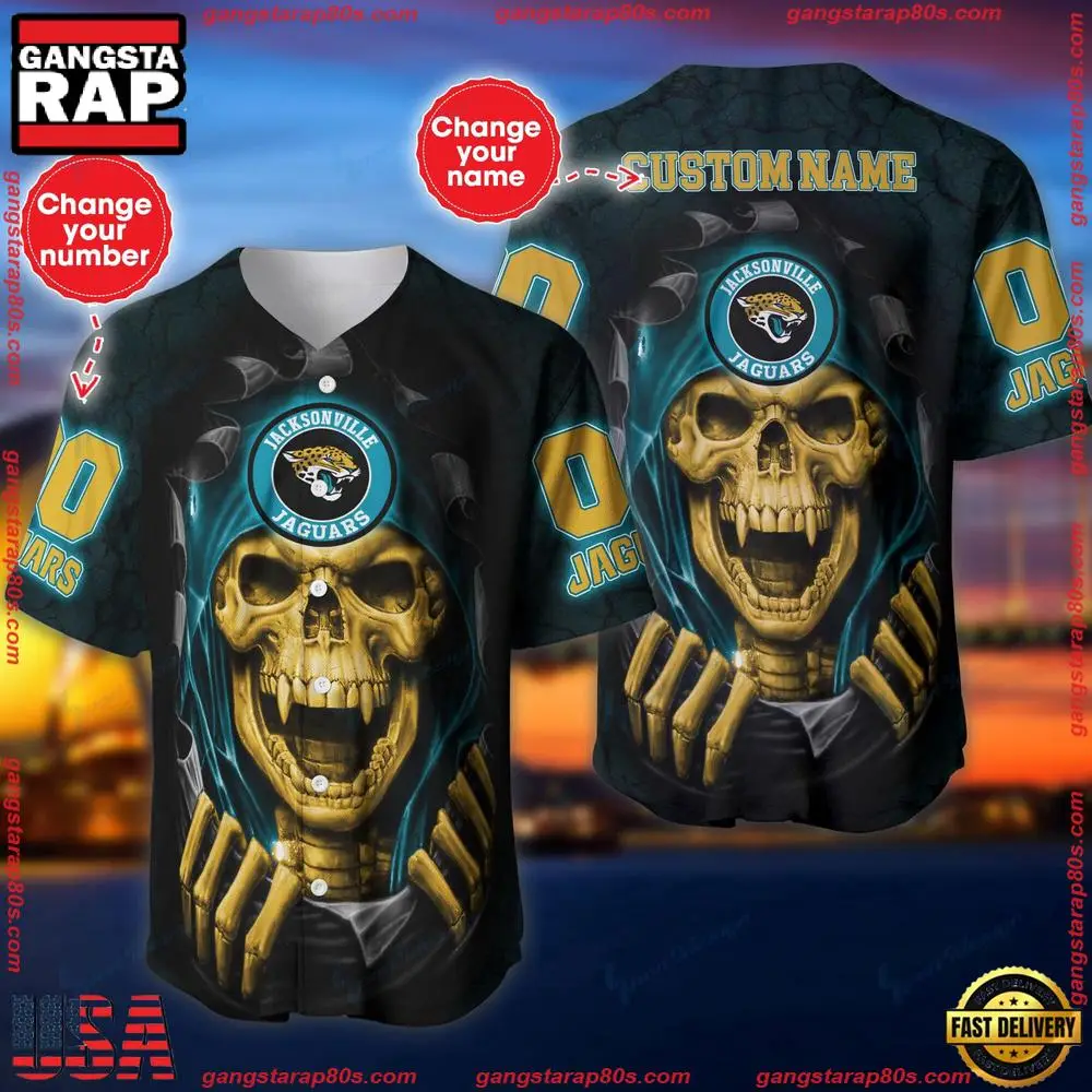 NFL Custom Name Number Jacksonville Jaguars Skull Baseball Jersey Shirt
