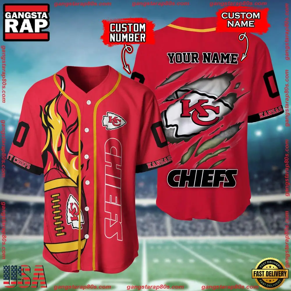 NFL Custom Name Number Kansas City Chiefs Football Team Baseball Jersey Shirt NFL Custom Name Number Kansas City Chiefs Football Team Baseball Jersey Shirt - Image 1