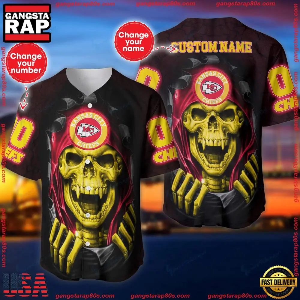 NFL Custom Name Number Kansas City Chiefs Skull Baseball Jersey Shirt