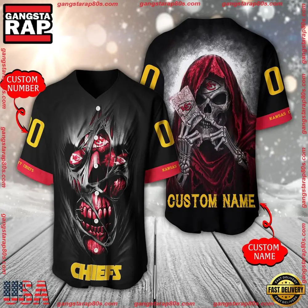 NFL Custom Name Number Kansas City Chiefs Team Skull Death Baseball Jersey Shirt