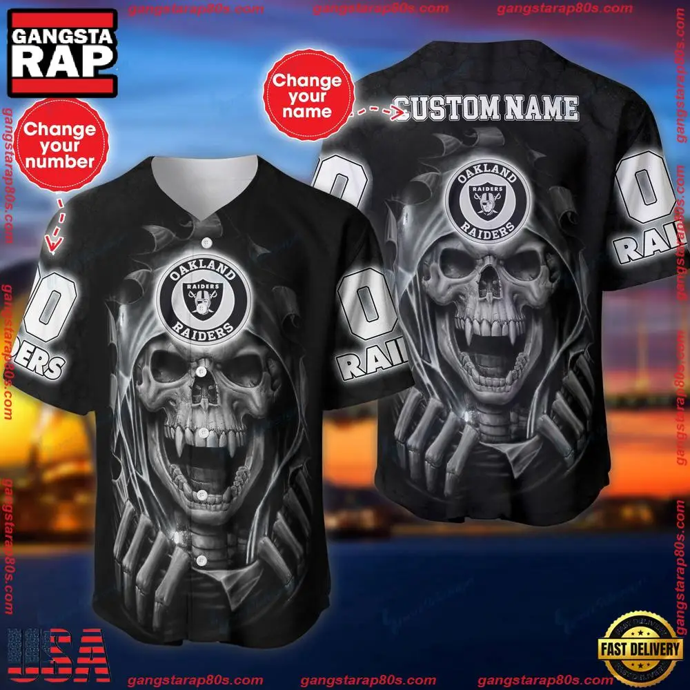 NFL Custom Name Number Las Vegas Raiders Skull Baseball Jersey Shirt NFL Custom Name Number Las Vegas Raiders Skull Baseball Jersey Shirt - Image 1