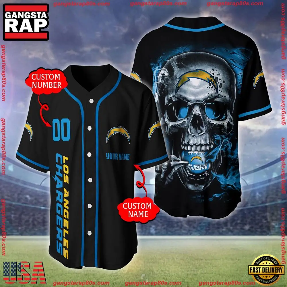 NFL Custom Name Number Los Angeles Chargers Skull Face Baseball Jersey Shirt